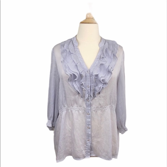 Lane Bryant Sheer Blue Elastic Waist Ruffle Front Button Down Blouse